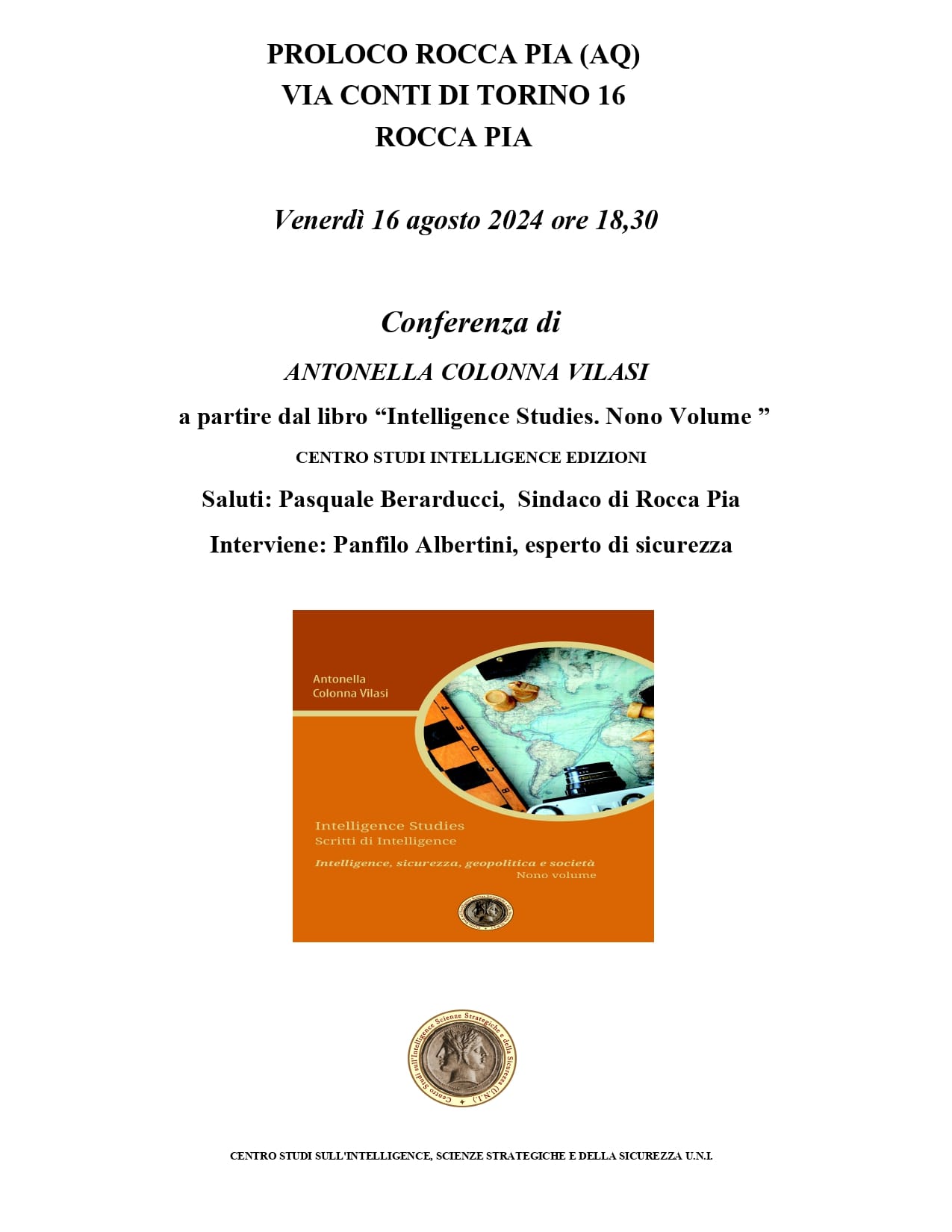 Conferenza sull'intelligence di Antonella Colonna Vilasi il 16 agosto alle 18,30 a Rocca Pia
