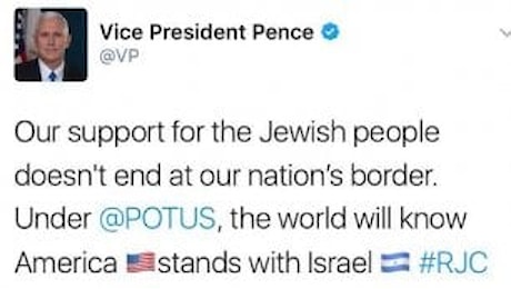 Usa, gaffe del vice presidente Pence: Sto con Israele. Ma twitta bandiera Nicaragua