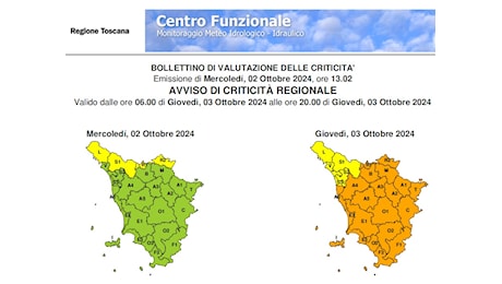 Allerta arancio per rischio idrogeologico e idraulico del reticolo minore, codice giallo per temporali. Attività didattiche sospese giovedì 3 ottobre