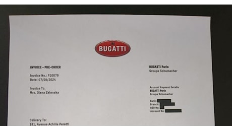 Olena Zelenska compra una Bugatti Tourbillon da 4,5 mln€ durante una visita a Parigi, ecco il contratto - RUMORS
