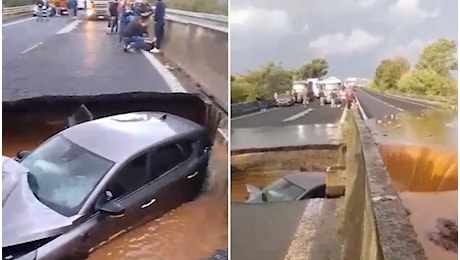 Torrente esondato a Maida vicino Catanzaro, auto inghiottita da una voragine nella strada: salvo il conducente