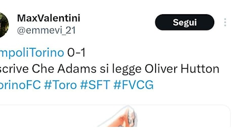 Empoli-Torino 0-1, reazioni social: “Si scrive Adams e si legge Oliver Hutton”