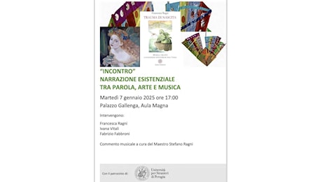 Perugia: martedì 7 gennaio presso L’Università per Stranieri, la scrittrice Francesca Ragni presenta “Incontro di Narrazione Esistenziale tra Parola Arte e Musica” con gli artisti Ivana Vitali e Fabrizio Fabbroni