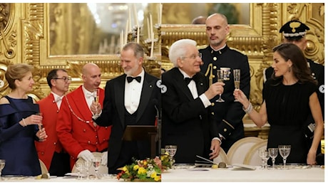 Re Felipe e Letizia di Spagna, la sontuosa cena al Quirinale: il look della regina omaggia l'Italia, il menù, Laura Mattarella in blu notte