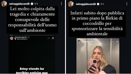 Chiara Ferragni scrive sui social solidarietà al «popolo di Valencia». Selvaggia Lucarelli: «Si indigna per l'ambiente e poi posta foto di borse di coccodrillo»