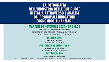 DUE RUOTE, ANCMA: MARTEDÌ A ROMA LA PRESENTAZIONE DELLO STUDIO SULL’INDUSTRIA ITALIANA