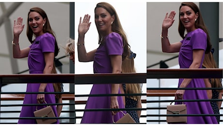 Kate a Wimbledon, la principessa è raggiante (ma visibilmente dimagrita): l'abito lungo viola e i capelli sciolti, con lei Charlotte e Pippa